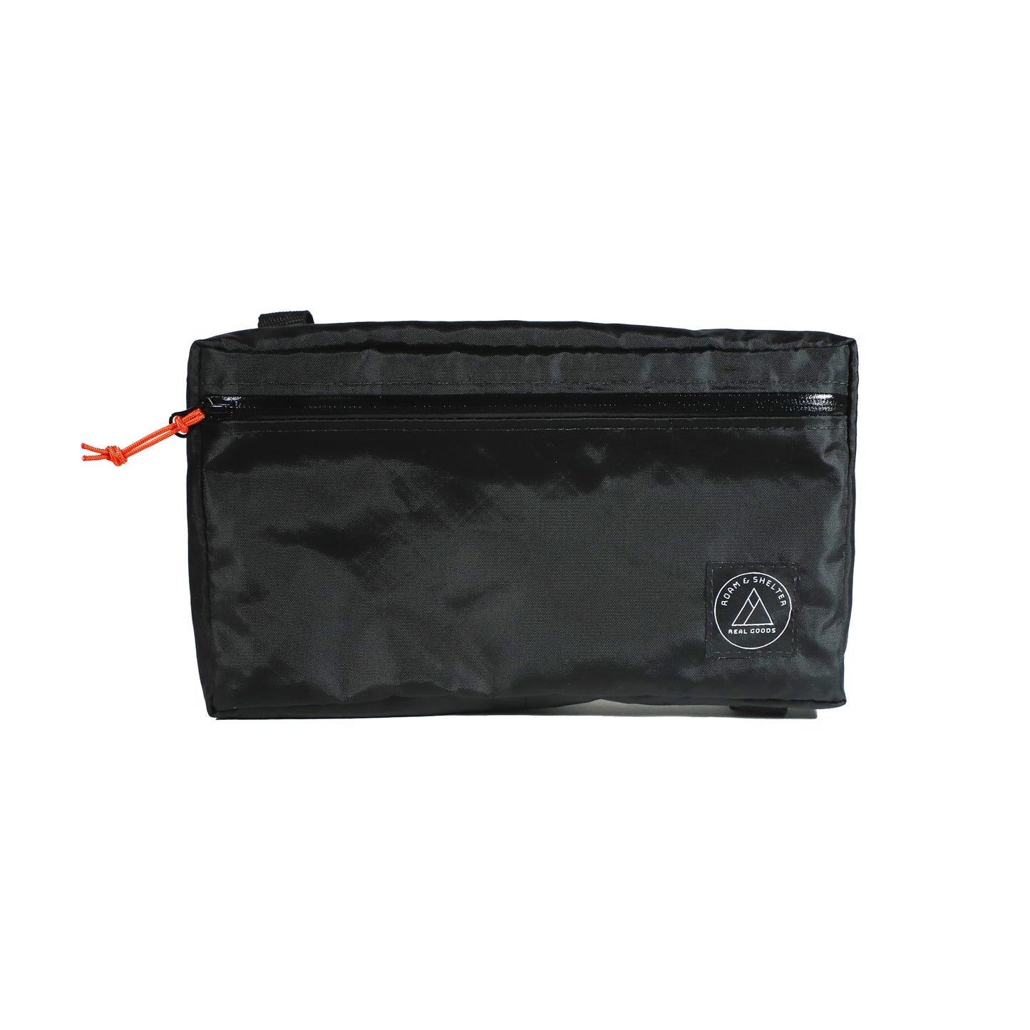 A Black visor bag attached to the interior visor of a vehicle, featuring a horizontal front zip opening and an orange zipper pull. Handmade in Portland Oregon USA.